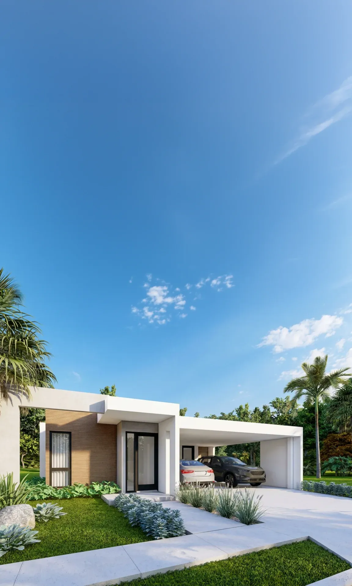White single-story home with a carport on a residential street at Masías at the Hills