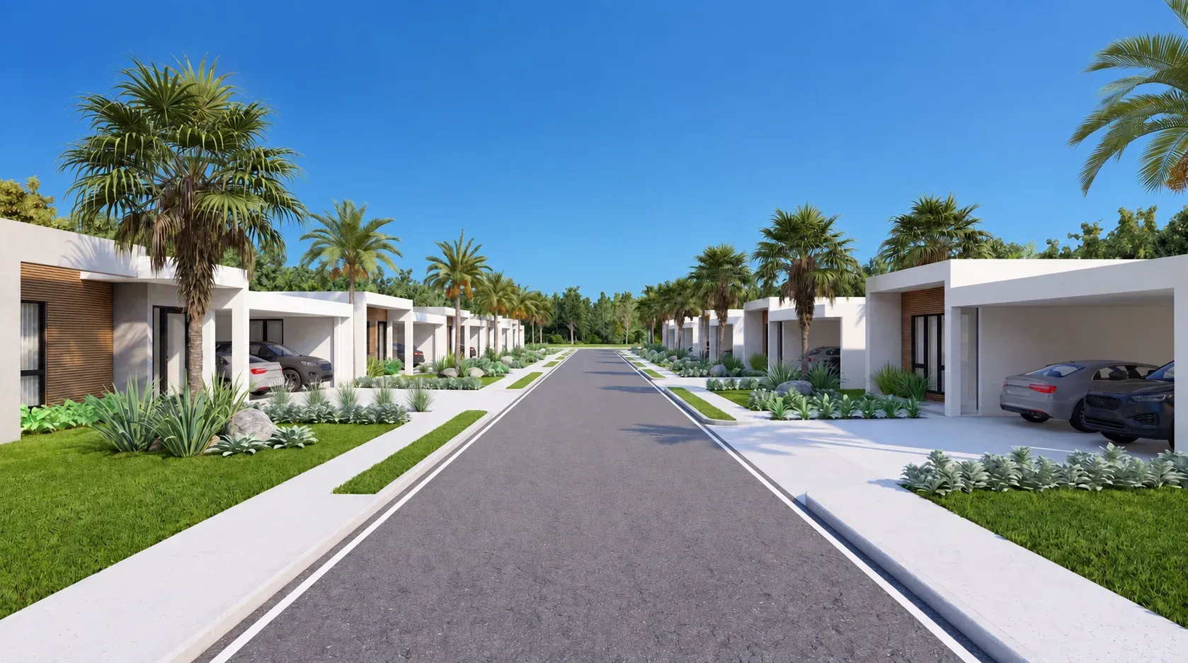 Residential street at Masías at the Hills with modern white homes and palm trees