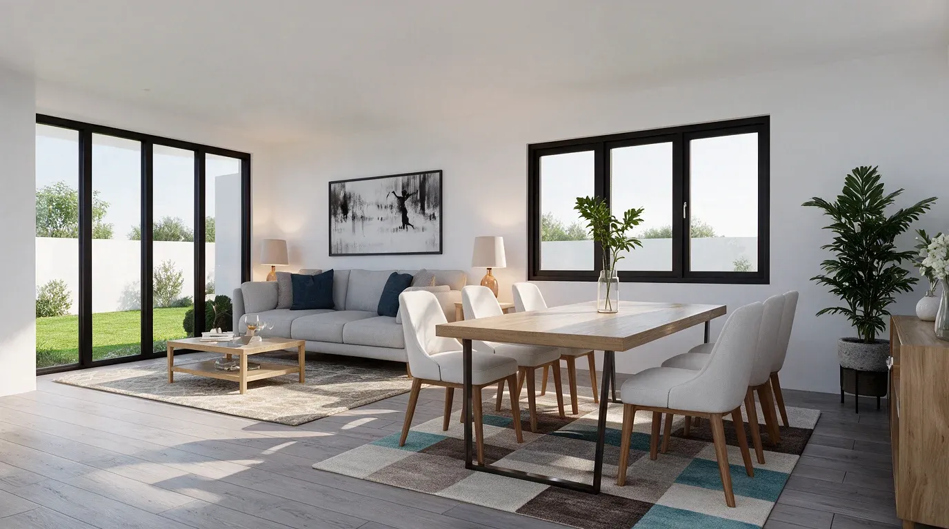 Open-concept living and dining room in a Masías at the Hills model home